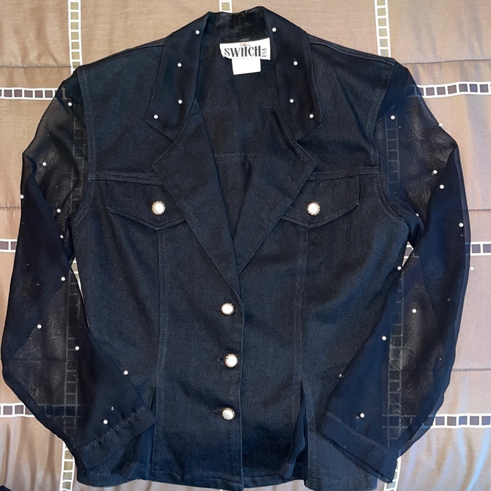 Denim Jacket, VINTAGE, with Sheer sleeves, pearl detail, Black